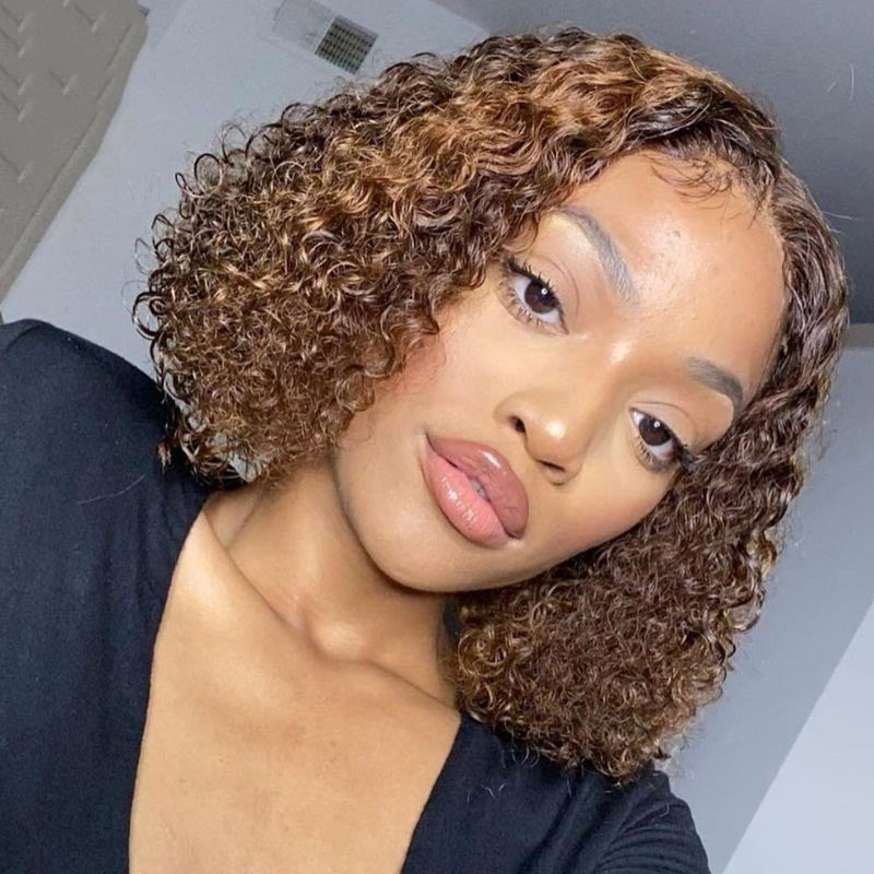 T Part Deep Curly Short Bob Wig Highlight Human Vigin Hair