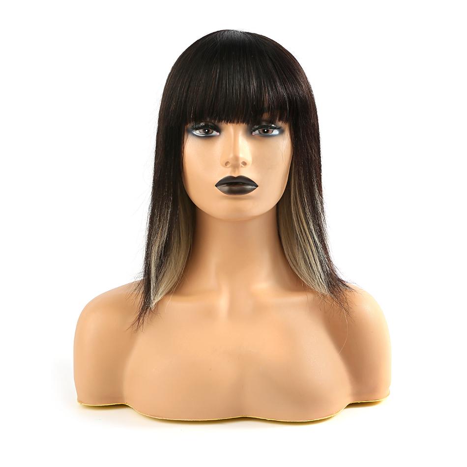 Highlight Mix Color Bob Bang Wig Ombre Human Hair Silky Blunt Cut