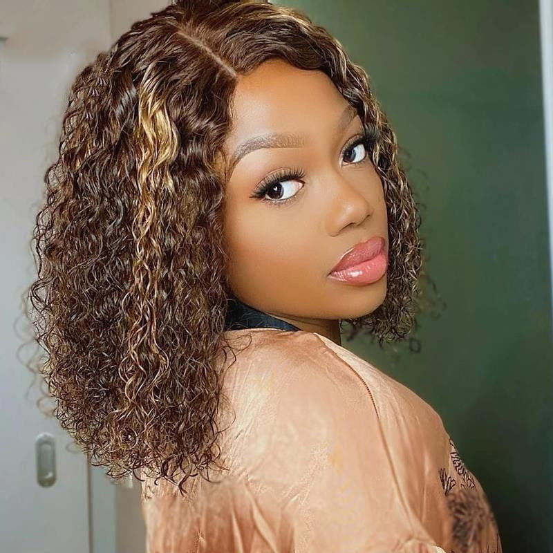 T Part Deep Curly Short Bob Wig Highlight Human Vigin Hair