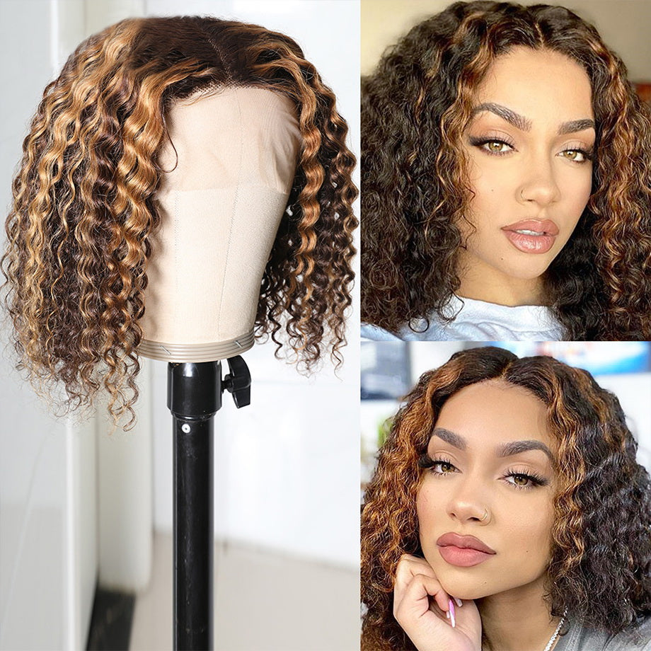 T Part Deep Curly Short Bob Wig Highlight Human Vigin Hair