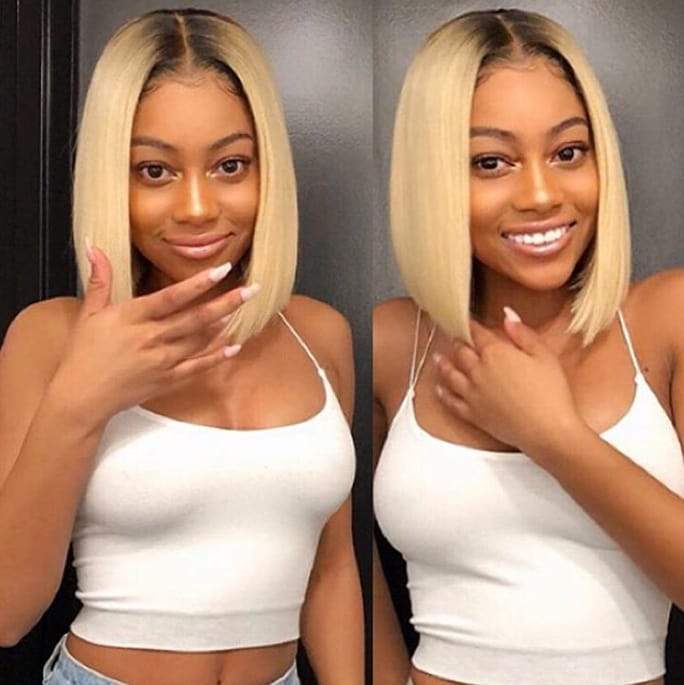 #T1B/613 Straight Blonde Bob Wig Ombre Human Hair Silky Blunt Cut
