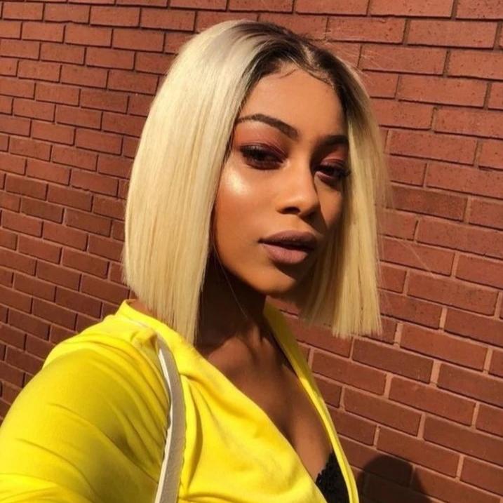 #T1B/613 Straight Blonde Bob Wig Ombre Human Hair Silky Blunt Cut