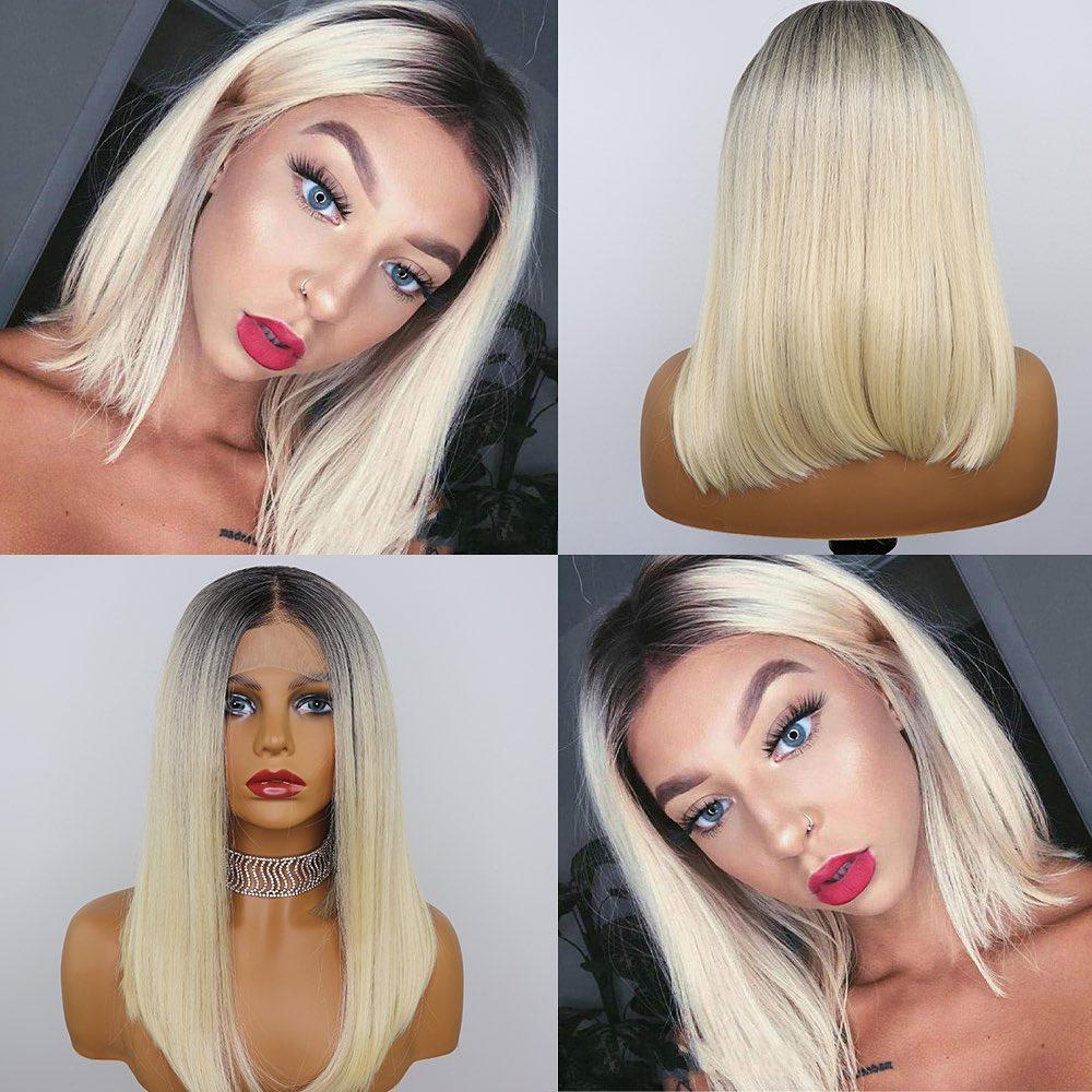 #T1B/613 Straight Blonde Bob Wig Ombre Human Hair Silky Blunt Cut