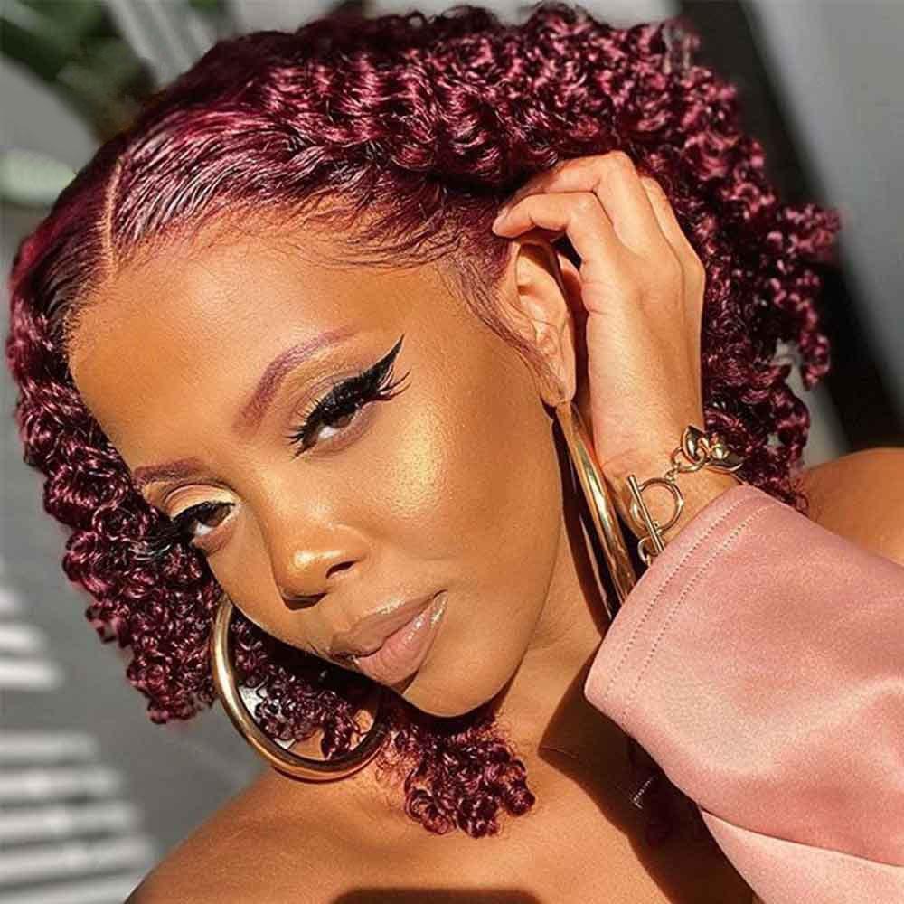 99J Burgundy Deep Curly T-Part Lace Frontal Wig Human Hair Wig