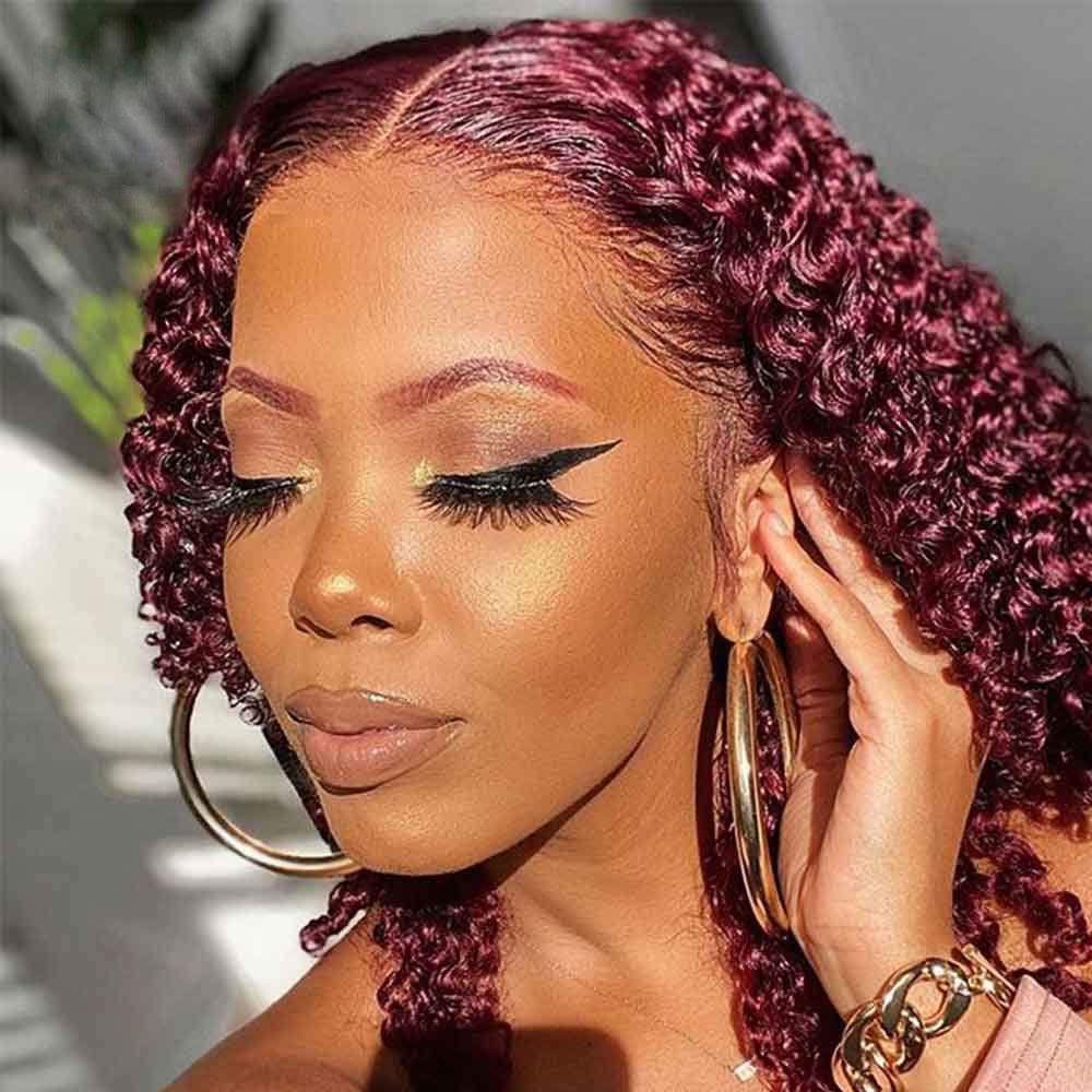 99J Burgundy Deep Curly T-Part Lace Frontal Wig Human Hair Wig