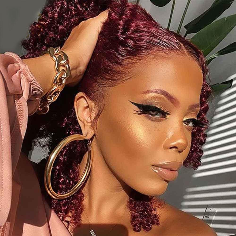 99J Burgundy Deep Curly T-Part Lace Frontal Wig Human Hair Wig