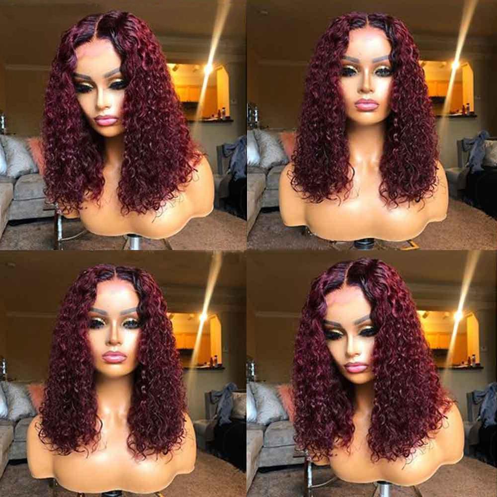 99J Burgundy Deep Curly T-Part Lace Frontal Wig Human Hair Wig