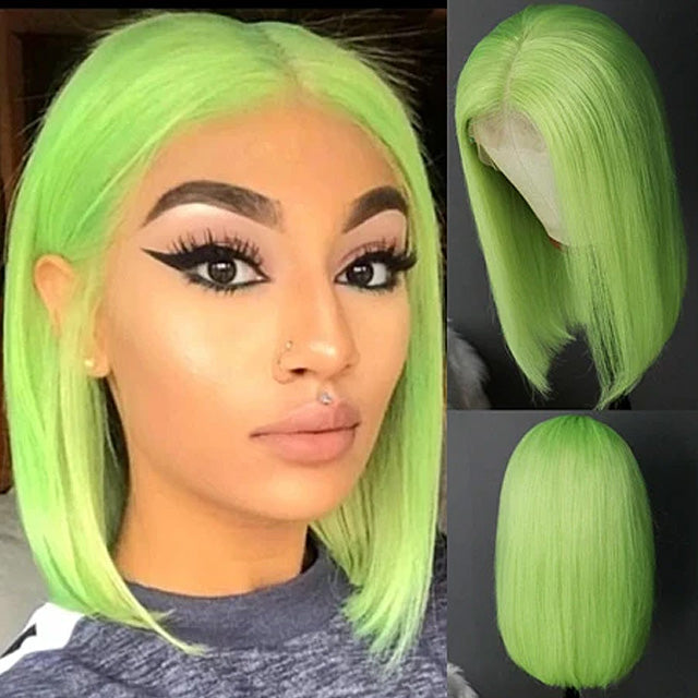 Straight Green Bob Wig Brazilian Humen Hair Short Lace Front Wig