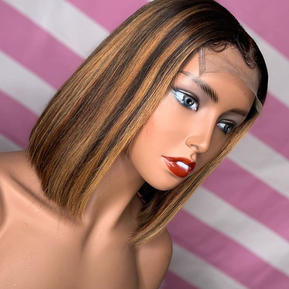 #4/27 Straight Blonde Bob Wig Ombre Human Hair Silky Blunt Cut