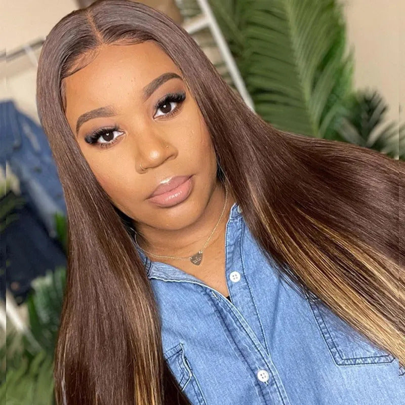 4x4 #4/30 Mix Color Straight Human Hair Lace Front Wig