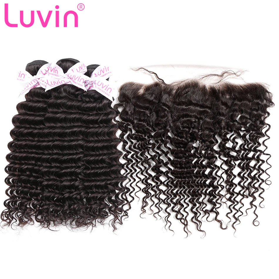 7A 3 Bundles Hair Weave Brazilian Hair With Lace Frontal Deep curly