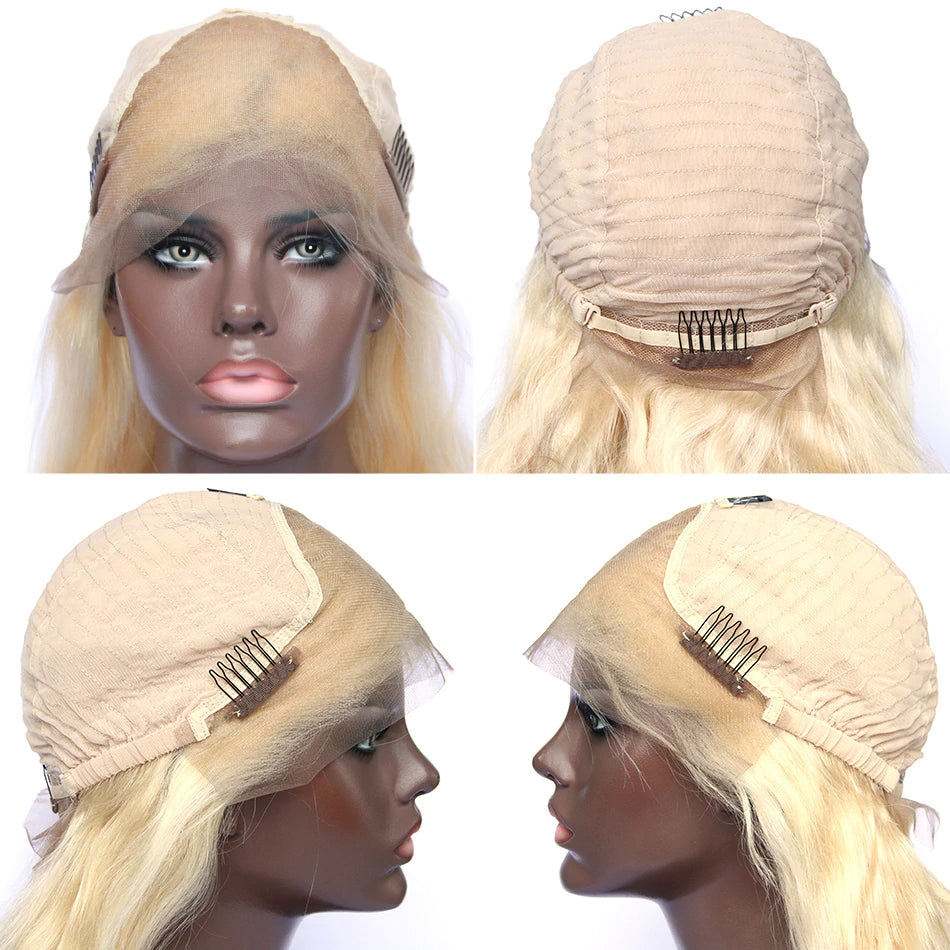 Color#613 blonde human hair lace front wig, pre plucked, body wave