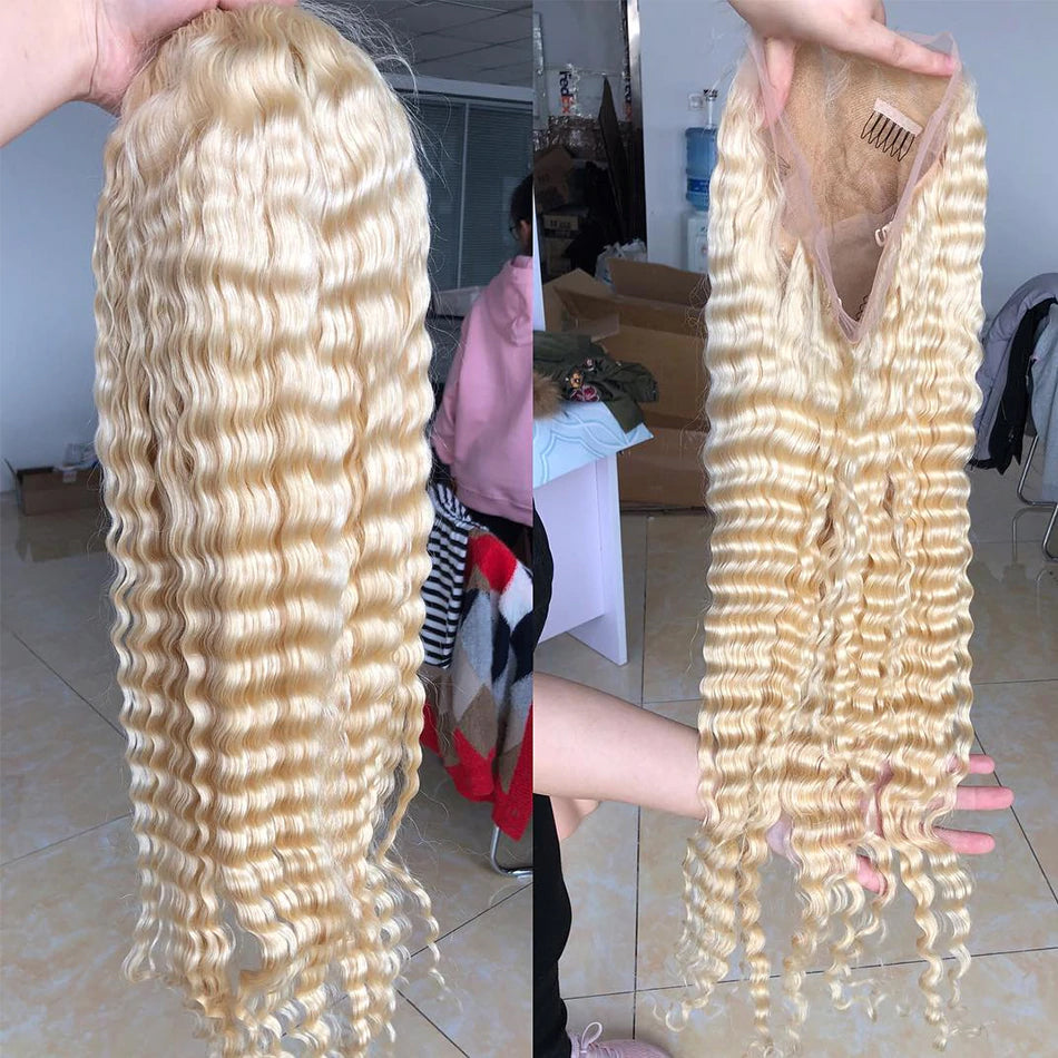 Color#613 blonde human hair lace front wig, pre plucked, deep curly