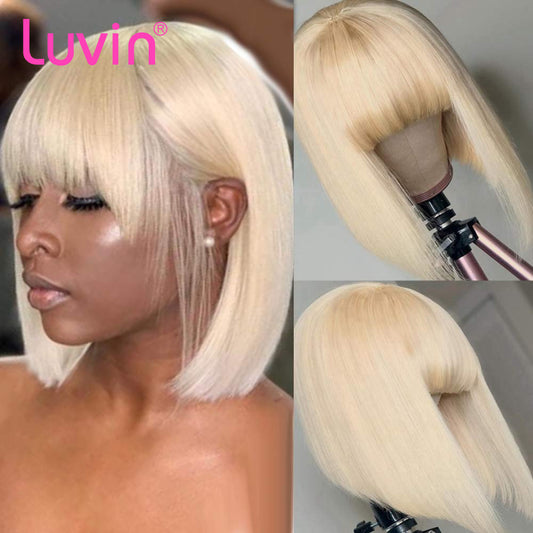 613 Blonde Bob Bang Wigs Virgin Human Hair