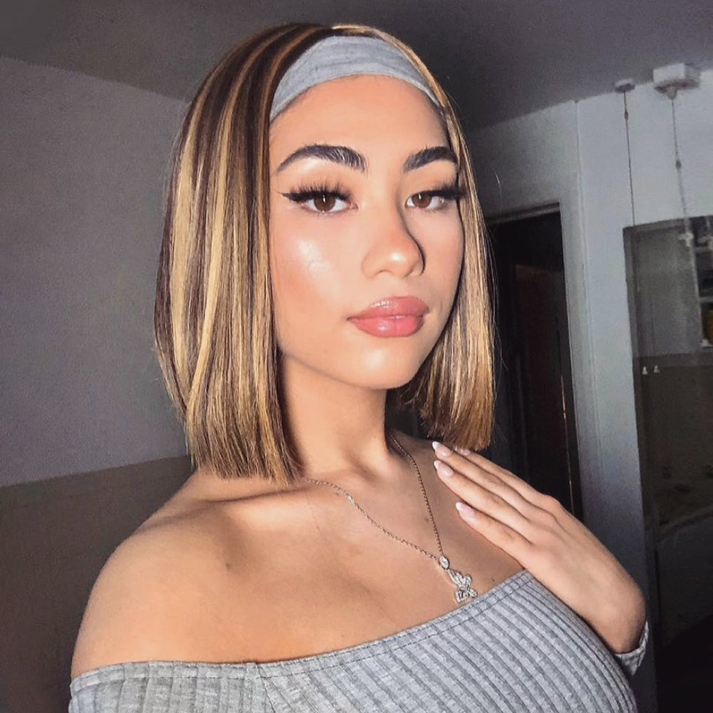 #4/27 Straight Blonde Bob Wig Ombre Human Hair Silky Blunt Cut