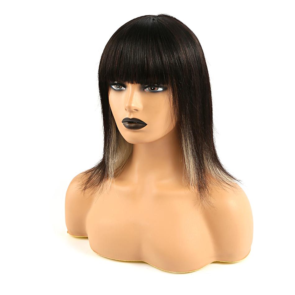 Highlight Mix Color Bob Bang Wig Ombre Human Hair Silky Blunt Cut
