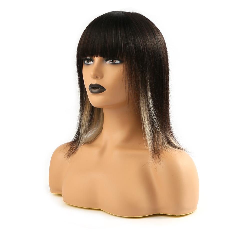 Highlight Mix Color Bob Bang Wig Ombre Human Hair Silky Blunt Cut
