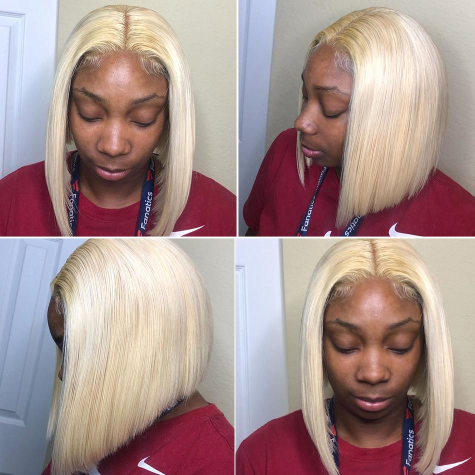T Part #613 Blonde Straight Bob Wig Human Hair Lace Front Wig Silky Blunt Cut