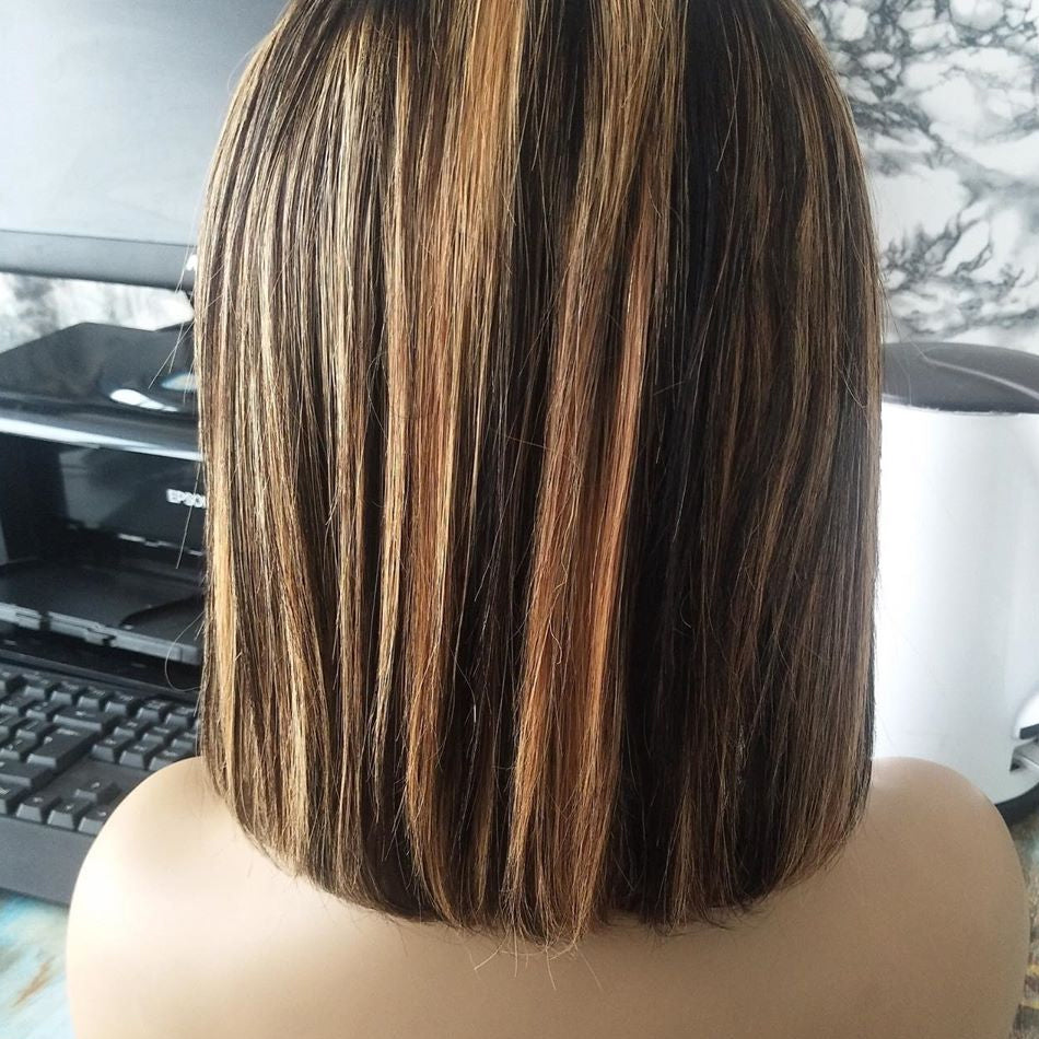 #4/27 Straight Blonde Bob Wig Ombre Human Hair Silky Blunt Cut