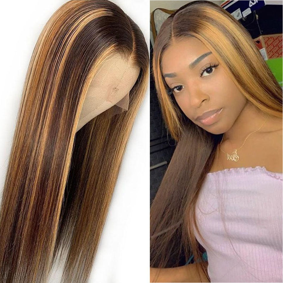 #4/27 13x4 Lace Front Human Hair Wigs Pre Plucked Brazilian Straight Remy Frontal Wig