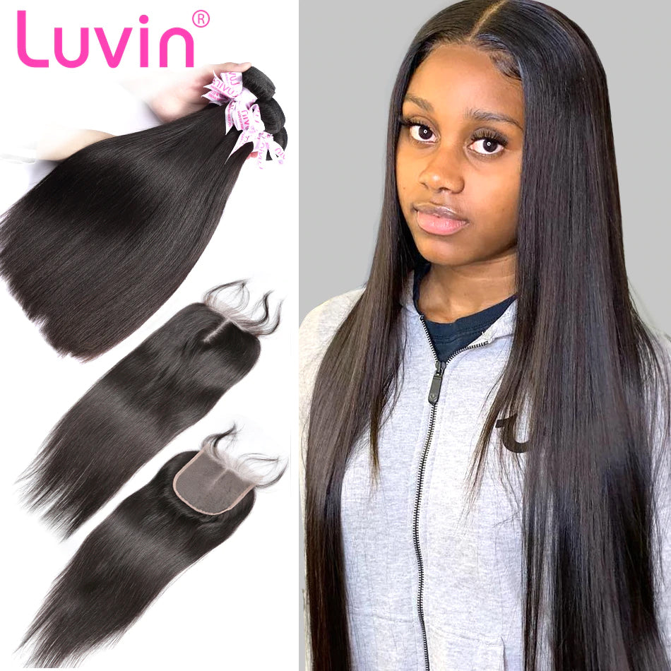 7A 3 Bundles Hair Weave Brazilian Hair With Lace Closure Straight