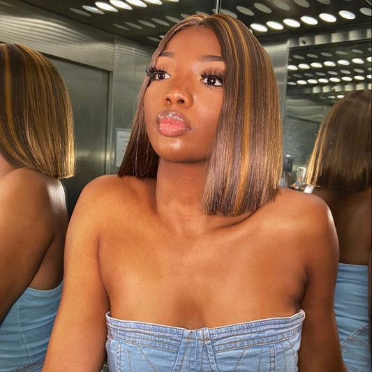 #4/27 Straight Blonde Bob Wig Ombre Human Hair Silky Blunt Cut