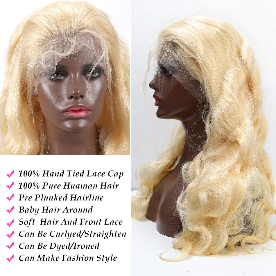 Color#613 blonde human hair lace front wig, pre plucked, body wave